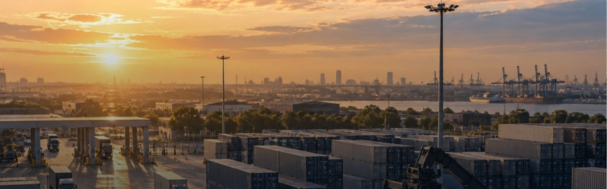 Container depot at golden hour
