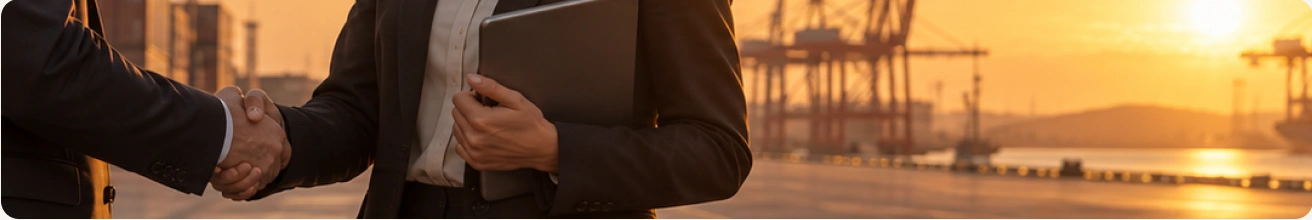 Business handshake at a port during golden hour