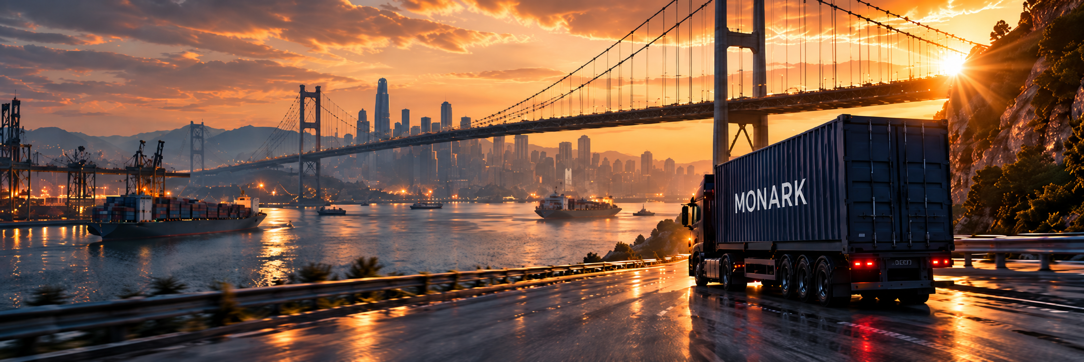 Container truck crossing a bridge at golden hour