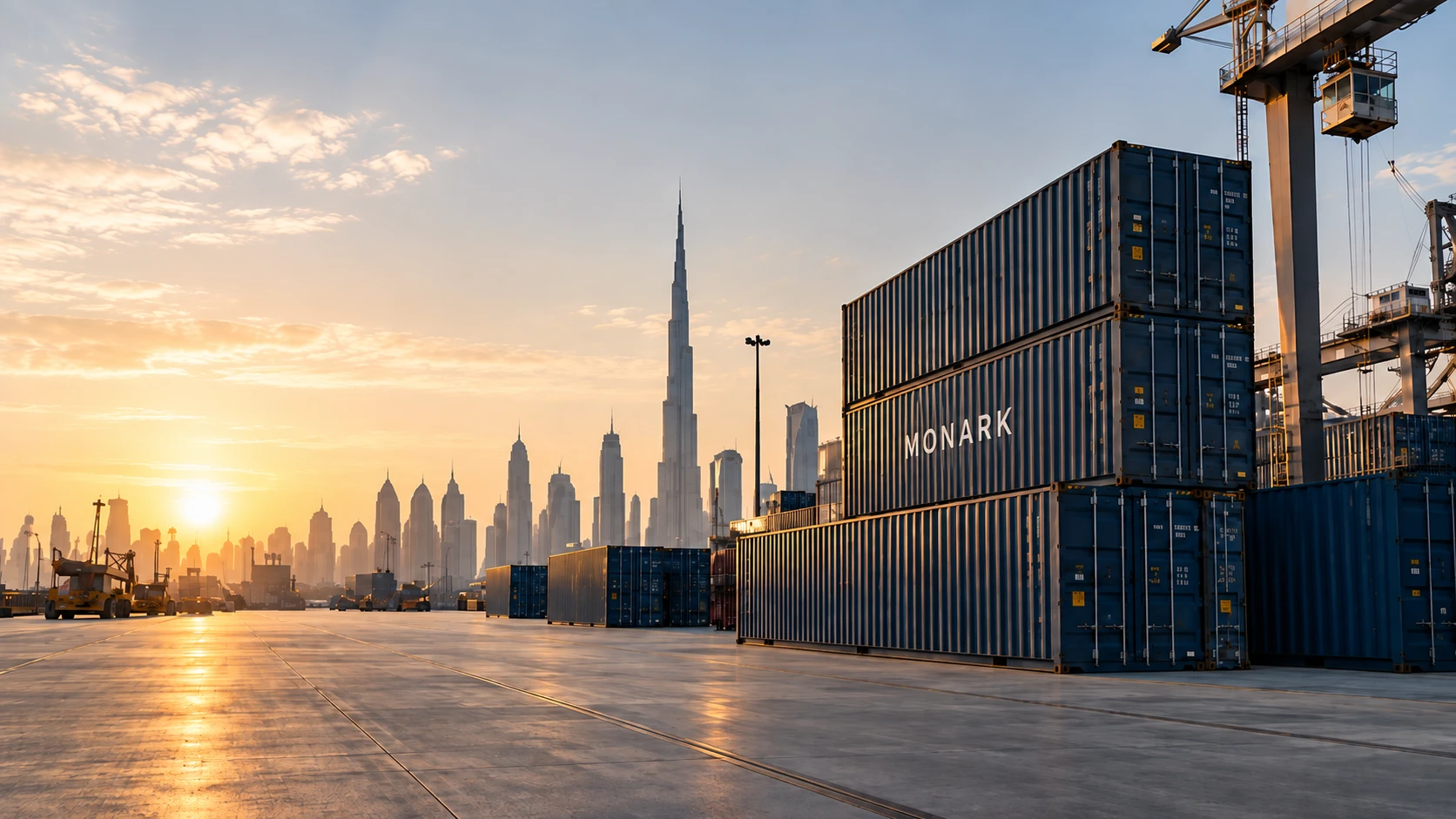 Monark shipping containers at a UAE port in golden evening light