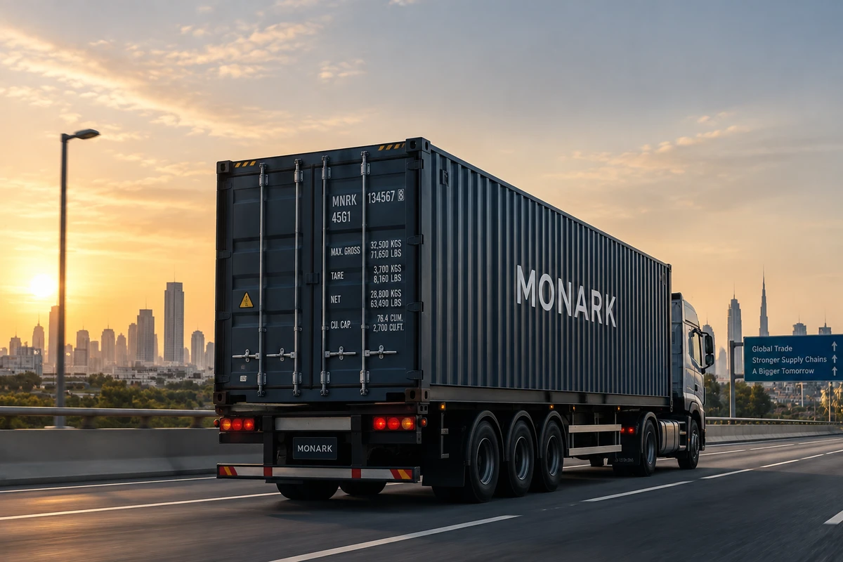 Shipping container transported by truck