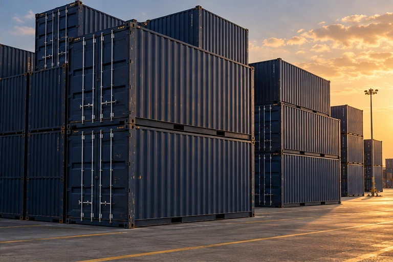 Rows of navy shipping containers in evening light