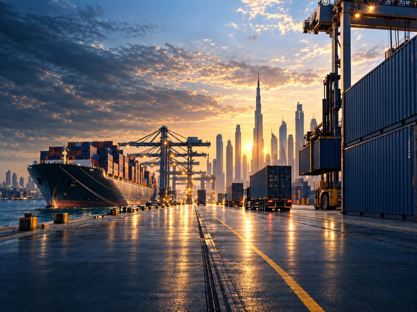 Container port at golden hour